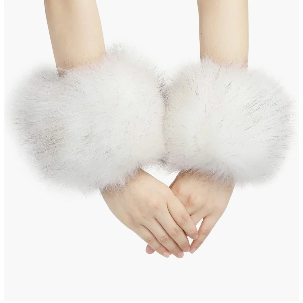 White Fuzzy Faux Fur Pom Pom Wrist Cuffs Furry Bands‎ Arm Warmers Boot Covers